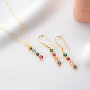 Dainty Gold Family Birthstone Earrings, Minimalist Dangle Multi-Stone Earrings For Birthday, May Birthstone Jewelry, Mom Necklace image 7