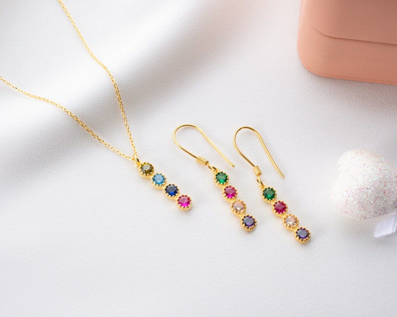 Dainty Gold Family Birthstone Earrings, Minimalist Dangle Multi-Stone Earrings For Birthday, May Birthstone Jewelry, Mom Necklace image 7