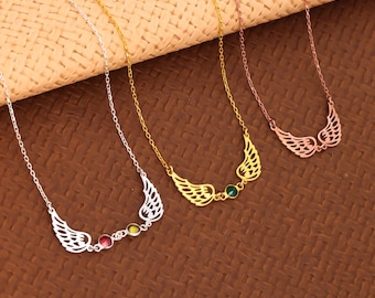 Colar de Asas de Anjo Dourado, Colar de Anjo da Guarda com Pedras de Nascimento, Colar Memorial Personalizado com Pedra de Nascimento, Colar de Simpatia