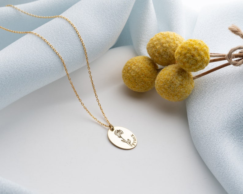 Personalized Birth Flower Disc Necklace Name Gold Custom Silver Name Necklace Dainty Gifts for Her January Birth Flower Necklace image 7