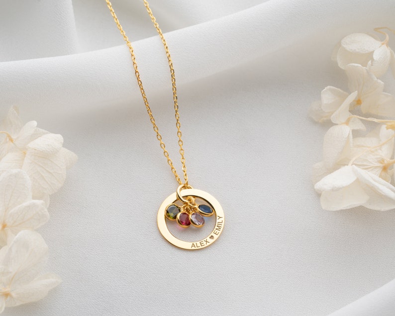 Personalized Gold Birthstone Necklace Women Name Necklace with Birthstone Circle Necklace Message Engraved on Circle Silver Engraved Jewelry zdjęcie 8