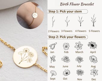 May include: A gold bracelet with a round charm featuring a floral design. The charm can be customized with different flower options representing birth months. The bracelet is shown on a white background with a graphic showing the different flower options.