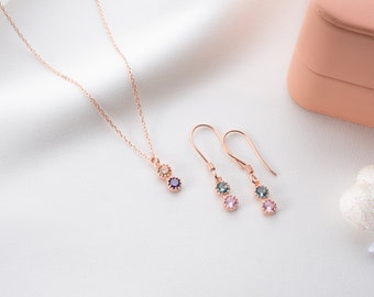 Dainty Gold Family Birthstone Earrings, Minimalist Dangle Multi-Stone Earrings For Birthday, May Birthstone Jewelry, Mom Necklace