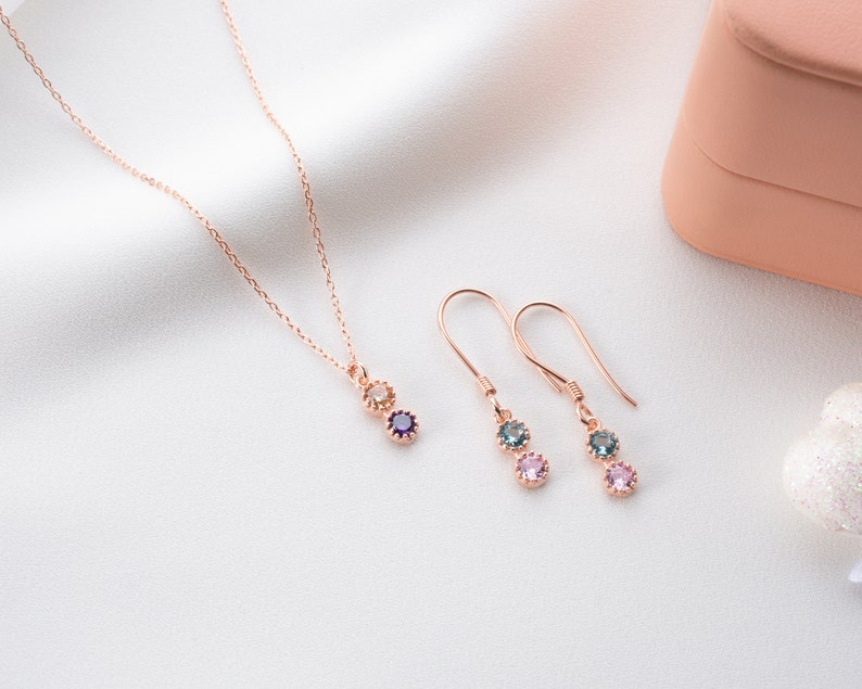 Dainty Gold Family Birthstone Earrings, Minimalist Dangle Multi-Stone Earrings For Birthday, May Birthstone Jewelry, Mom Necklace image 1