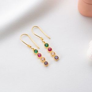 Dainty Gold Family Birthstone Earrings, Minimalist Dangle Multi-Stone Earrings For Birthday, May Birthstone Jewelry, Mom Necklace image 8