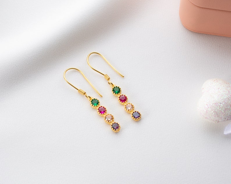 Dainty Gold Family Birthstone Earrings, Minimalist Dangle Multi-Stone Earrings For Birthday, May Birthstone Jewelry, Mom Necklace image 8