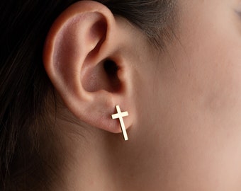 Cross Stud Earrings, 925 Sterling Silver Cross Earrings, Minimalist Cross Earrings, Christian Earrings, 14K Gold Religious Earrings