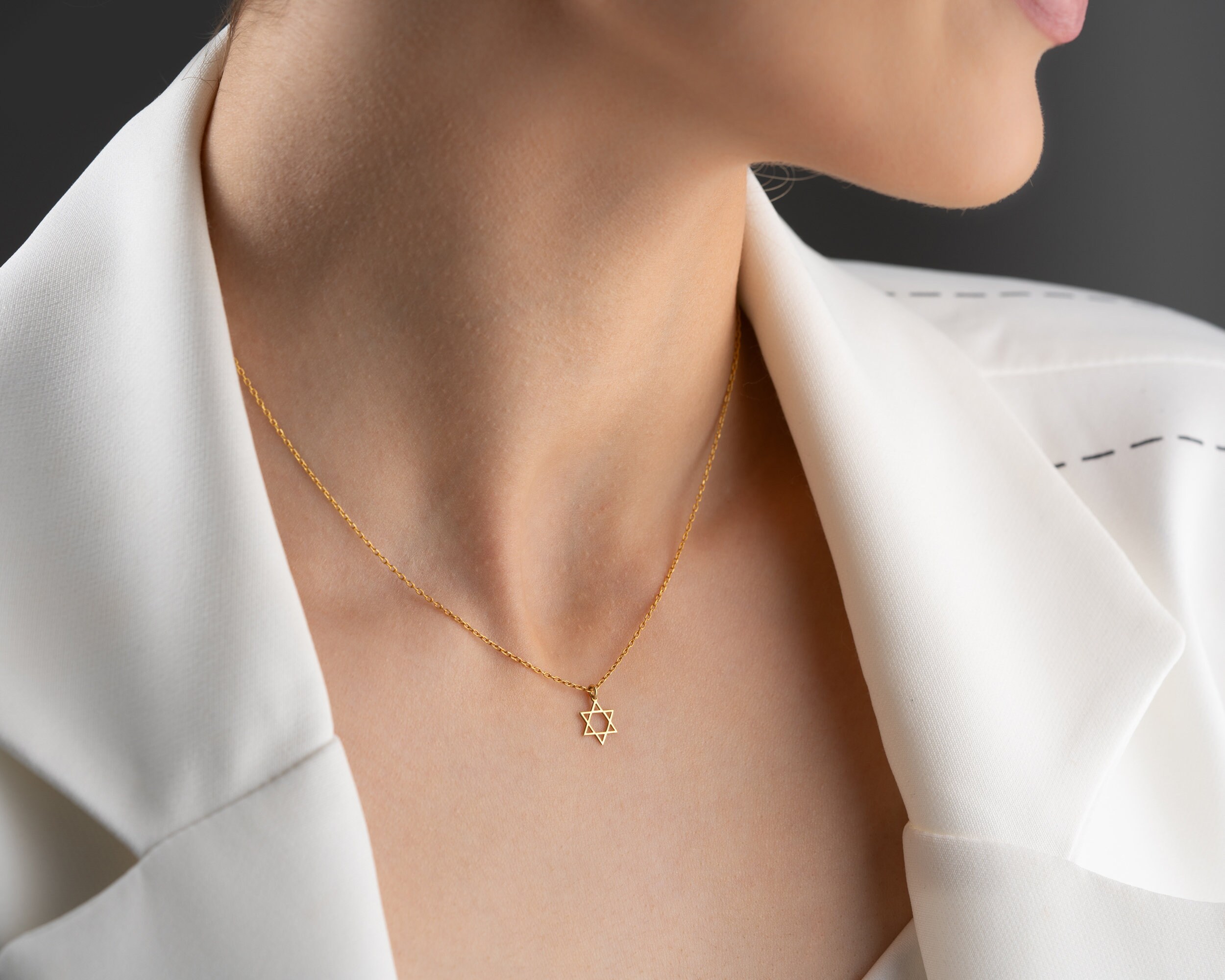 Collana Stella Di David In Acciaio Inossidabile Placcato Oro 18K - Ciondolo Esagramma 19x14 Mm, Catena Regolabile 46+5 Cm, Per Donna E Uomo, In Confezione Regalo
