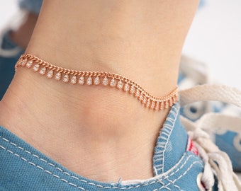 Tiny Curb Chain Anklet With Drop Crystal Stone, Gold Ankle Bracelet, Sterling Silver Gemstone Cuban Chain Anklet, Gifts For Her
