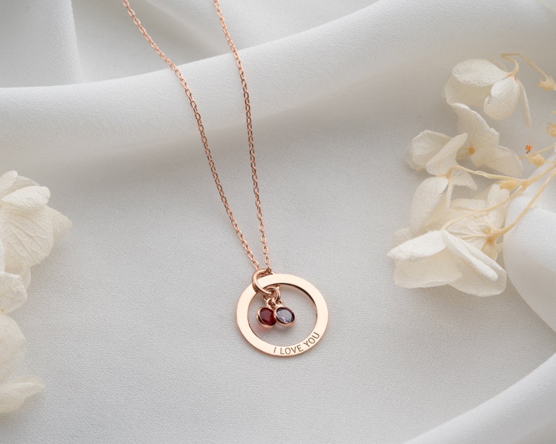 Personalized Gold Birthstone Necklace Women Name Necklace with Birthstone Circle Necklace Message Engraved on Circle Silver Engraved Jewelry image 9