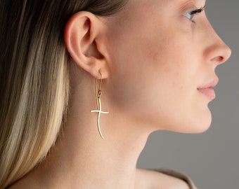 Dainty Dangle Cross Earrings Gold Cross Earrings Bridal Jewelry Sterling Silver and 14K Gold Plated Earrings