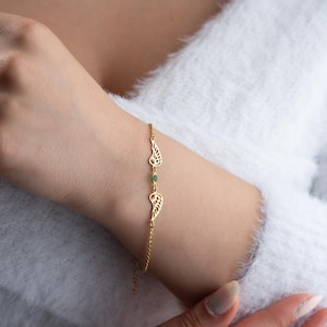 Custom Angel Wing Bracelet Gold Birthstone Gift for Her Guardian Angel Dainty Sentimental Memorial Jewelry Loss of Loved One Silver Jewelry