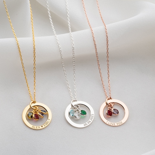 Personalisierte Gold Birthstone Halskette Frauen Name Halskette mit Birthstone Kreis Halskette Nachricht auf Kreis Silber graviert Schmuck eingraviert