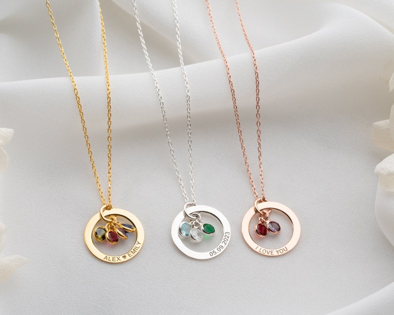 Personalized Gold Birthstone Necklace Women Name Necklace with Birthstone Circle Necklace Message Engraved on Circle Silver Engraved Jewelry image 1