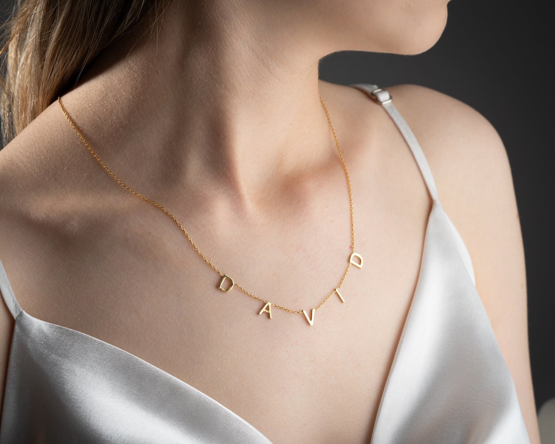 14k Solid Gold Name Necklace, White Gold Necklace Name Letter Necklace