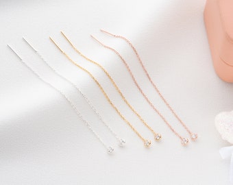 Piccoli orecchini a catena in argento sterling con pietre preziose, orecchini a filettatura delicati con cristalli, orecchini pendenti in oro 14k minimalisti per le donne