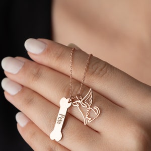 Personalized Angel Dog Charm Necklace, Dog Loss Necklace, Dog Memorial Name Necklace, Bone Necklace Pendant, Pet Loss Gifts, Dog Mama Gifts