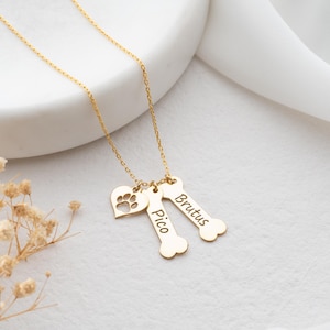 Colar delicado de osso de cachorro dourado, pingente de osso e coração personalizado, colar com nome gravado, colar com estampa de pata de prata e nome da família personalizado