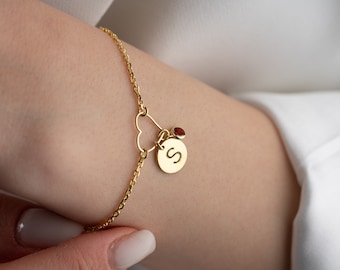 Personalized Gold Heart Bracelet Women Silver Initial Bracelet with Birthstone Dainty Disc Bracelet with Birthstone Heart Charm Bracelet