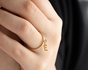 Dainty Stackable Dangle Initial Ring, Minimalist Sterling Silver Layered Letter Ring, Personalized Gold Stacking Ring For Women