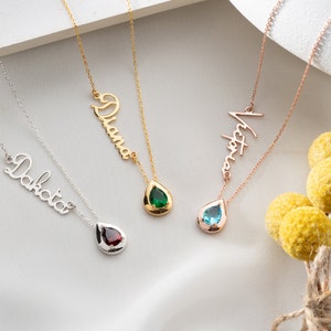 Colar com nome personalizado e pedra de nascimento Colar com nome personalizado com pedra de nascimento Colar com nome em forma de lágrima Colar com pedra de nascimento Presentes de pedra de nascimento de junho