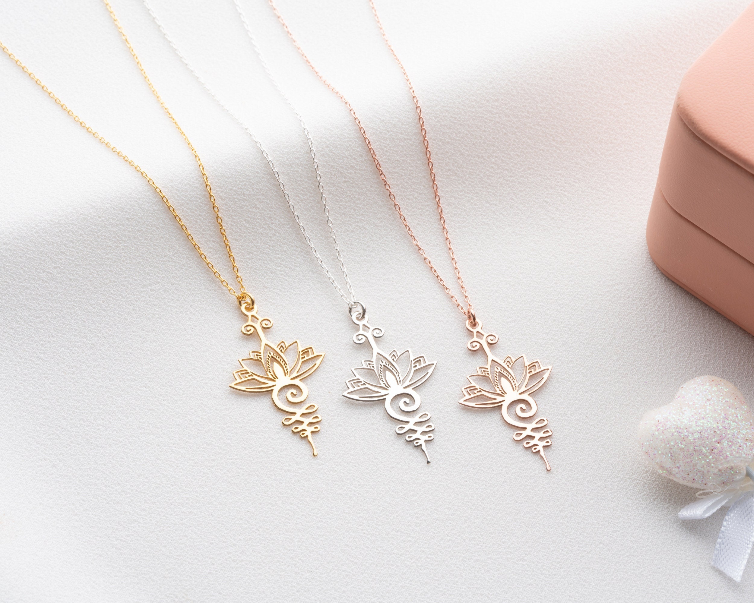 Dainty 14k Gold Lotus Necklace Unalome Symbol Pendant Necklace 