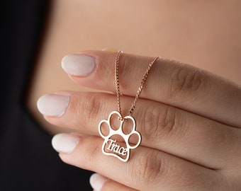 Personalized Paw Print Name Necklace Gold Pet Memorial Necklace Dog Memorial Necklace Silver Dog's Mom Gift Women Custom Name Plate Necklace