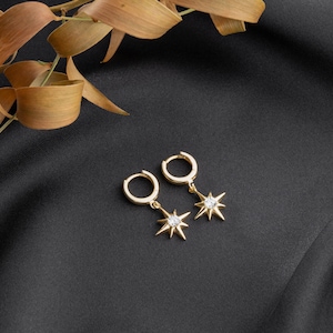 Dainty Star Dangle Earrings Celestial Hoop Earrings Gold Huggie Earrings Gift For Her Silver Unique Earrings Gift For Mom Starburst Earrings
