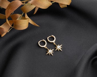 Dainty Star Dangle Earrings Celestial Hoop Earrings Gold Huggie Earrings Gift For Her Silver Unique Earrings Gift For Mom Starburst Earrings