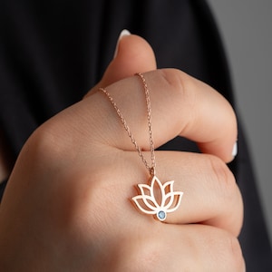 Sterling Silver Lotus Necklace with Birthstone Dainty Lotus Flower Pendant Necklaces Emerald May Birthstone Necklace Mother's Day Necklace