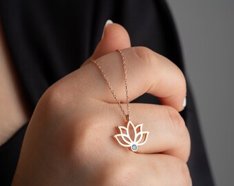 Sterling Silver Lotus Necklace with Birthstone Dainty Lotus Flower Pendant Necklaces Emerald May Birthstone Necklace Mother's Day Necklace