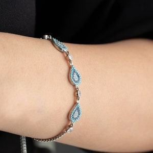 Zierliches Silber Evil Eye Armband für Frauen, Geschenk für Mama, Evil Eye Armband mit Quarzstein, Box Kettenarmband Bild 4