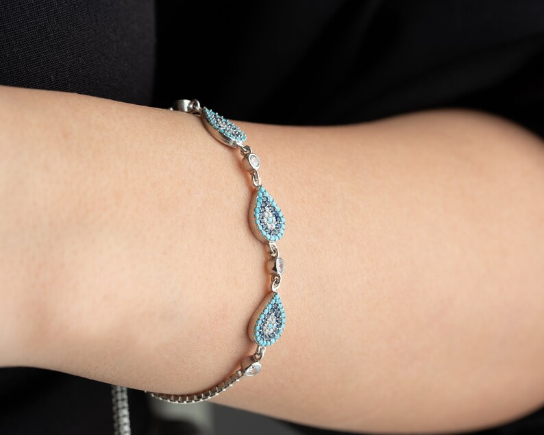 Zierliches Silber Evil Eye Armband für Frauen, Geschenk für Mama, Evil Eye Armband mit Quarzstein, Box Kettenarmband Bild 4