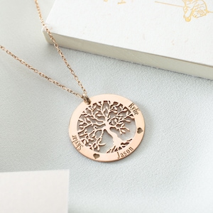 Personalized 14k Gold Tree of Life Necklace Silver Family Tree Necklace Family Name Necklace White Gold Necklace Name Layering Name Necklace
