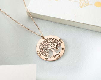 Personalized 14k Gold Tree of Life Necklace Silver Family Tree Necklace Family Name Necklace White Gold Necklace Name Layering Name Necklace