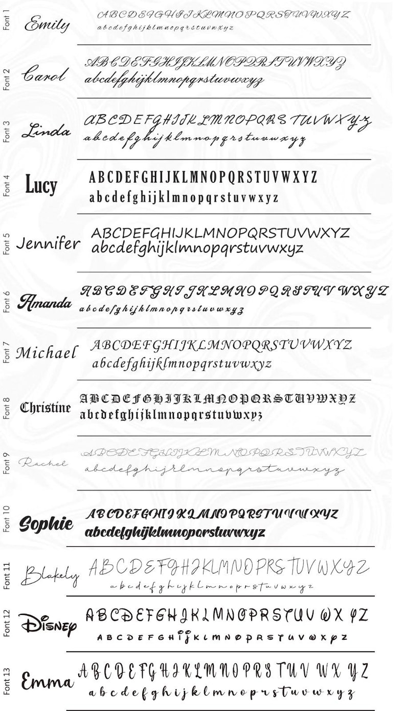 Może przedstawiać: Grafika prezentująca 13 r&oacute;żnych styl&oacute;w czcionek, każdy z przykładową nazwą i pełnym alfabetem w wielkich i małych literach. Czcionki r&oacute;żnią się stylem, od eleganckich skrypt&oacute;w po pogrubione litery blokowe.