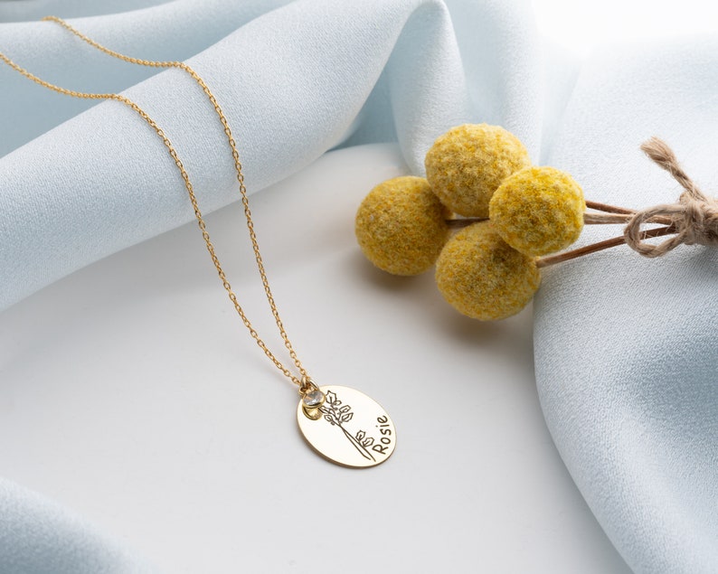 Personalized Birth Flower Disc Necklace Name Gold Custom Silver Name Necklace Dainty Gifts for Her January Birth Flower Necklace image 8