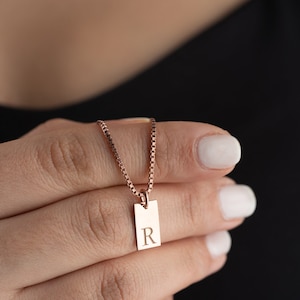 Tiny Initial Tag Necklace Custom Silver Engraved Letter Pendant Necklace Box Chain Initial Necklace Gold Bridesmaid Gift Letter Bar Necklace