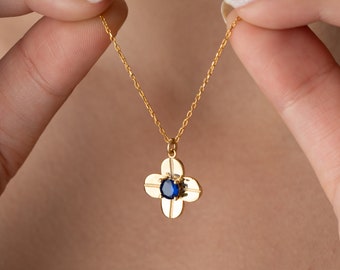 Dainty Silver Four Leaf Clover Necklace Birthstone Mom Birthday Gift for Women Citrine Birthstone Necklace Gold Blue Topaz Necklace