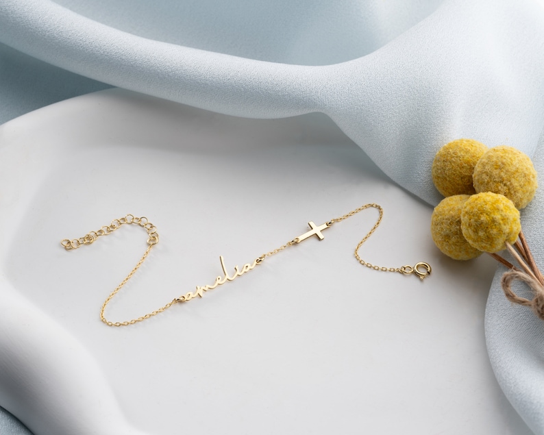 Tiny Gold Name Bracelet Women Silver Cross Bracelet with Handwritten Name Birthstone Bracelet Dainty Cross Charm Bracelet Mother's Day gift image 7