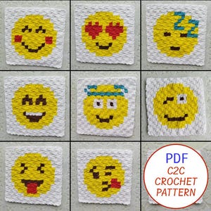 Crochet Corner to Corner Square, Emoji Squares, C2C Emoji Pattern, Pillows, Cushions or Blanket Pattern, Unblocked Squares, Digital PDF
