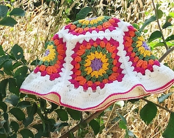 Handmade Crochet Granny Square Bucket Hat, Colorful Festival Style, Mother's Day Gift