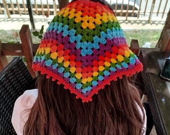 Handmade Rainbow Crochet Hair Scarf Handmade Rainbow Crochet Bandana, Boho Triangle Head Scarf  main image 2