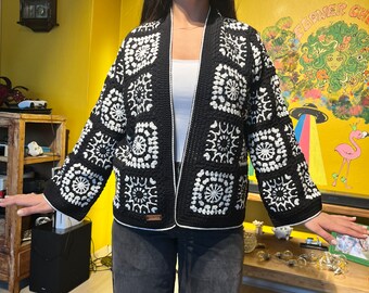 Crochet Cardigan, Granny Square Cardigan, Black and White Cardigan, Knitted Patchwork Cardigan, Granny Square Jacket, Knitted Jacket