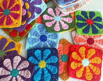 Daisy Granny Square Pieces, Crochet Daisy Square Motif Set, Handmade Daisy Granny Square Motif Set, Unblocked/Unjoined, 12/18/24/36 pcs