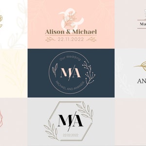 May include: Nine different wedding logo designs featuring floral elements and the couple's initials. The logos are in various colors, including gold, white, and black.