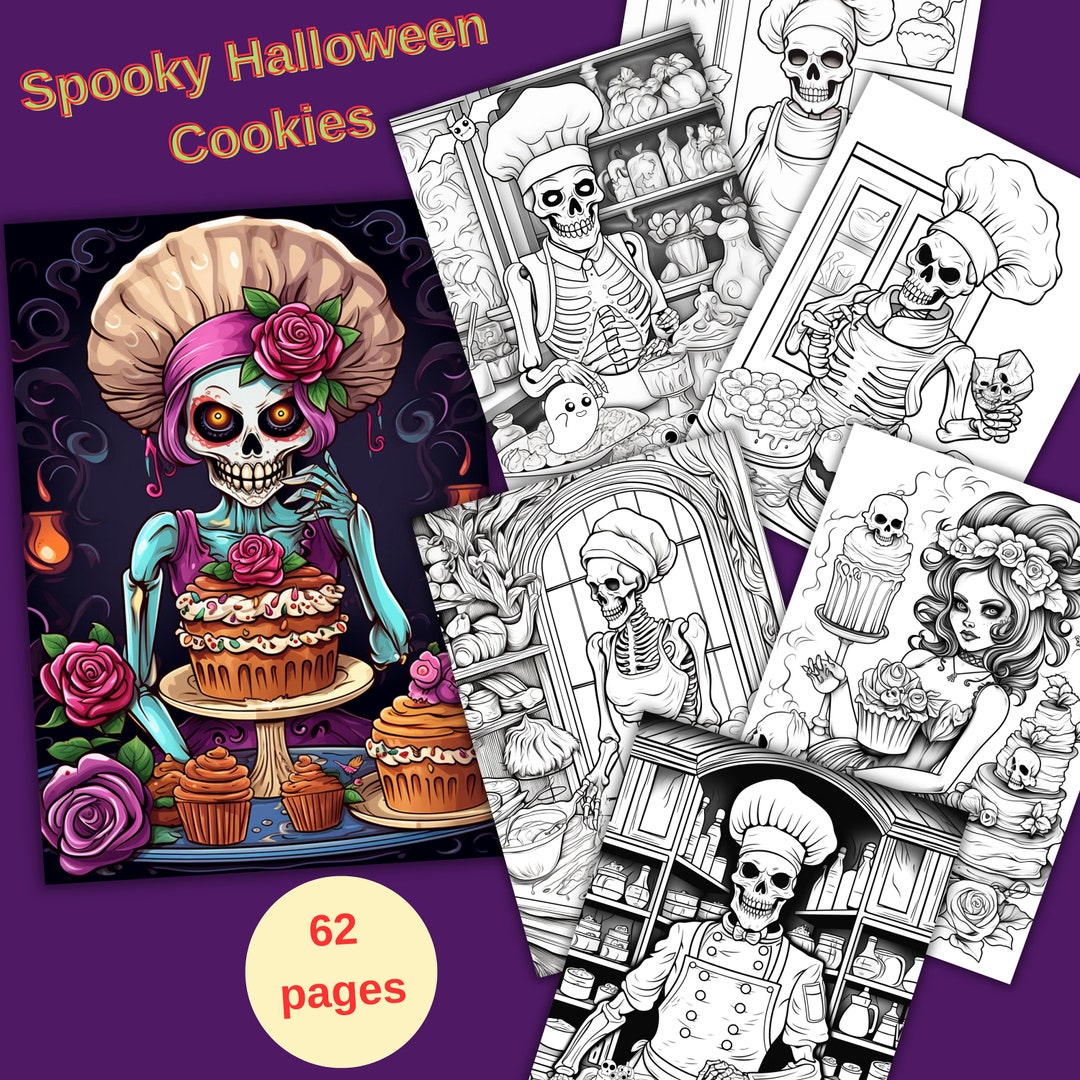 Spooky Halloween Cookies Coloring Pages for Adults and Kids, Instant ...