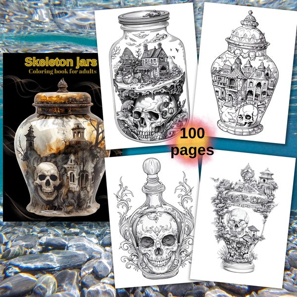 Gothic Coloring Book for Adults: Creepy Skull Skeleton Jars, Dark Fantasy Grayscale Horror, Printable Pages