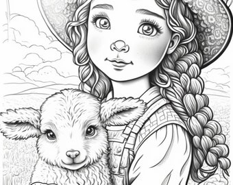 Little girl with lambskin| Adult and kids coloring book page, /Digital download/ printable pdf, png, jpg,300 DPI (AI generated image)