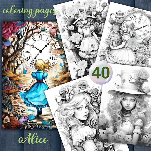 40 Alice  Grayscale Coloring Pages | Alice  Coloring Pages | Printable Adult Coloring Pages | Download Grayscale Illustration | PDF